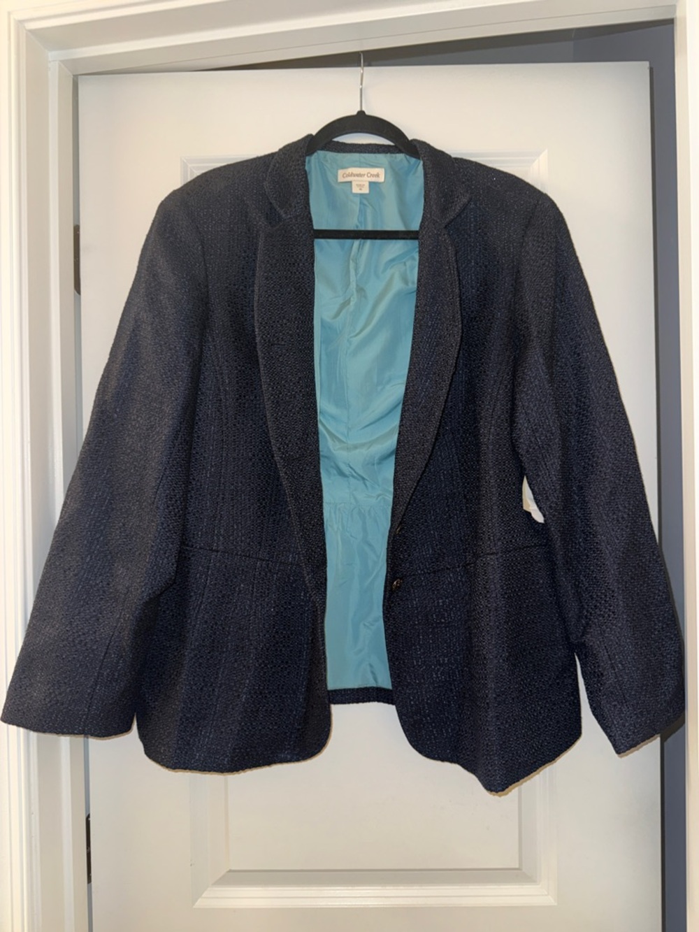 NWT Coldwater Creek Navy Textured Tweed Blazer with Light Blue Lining